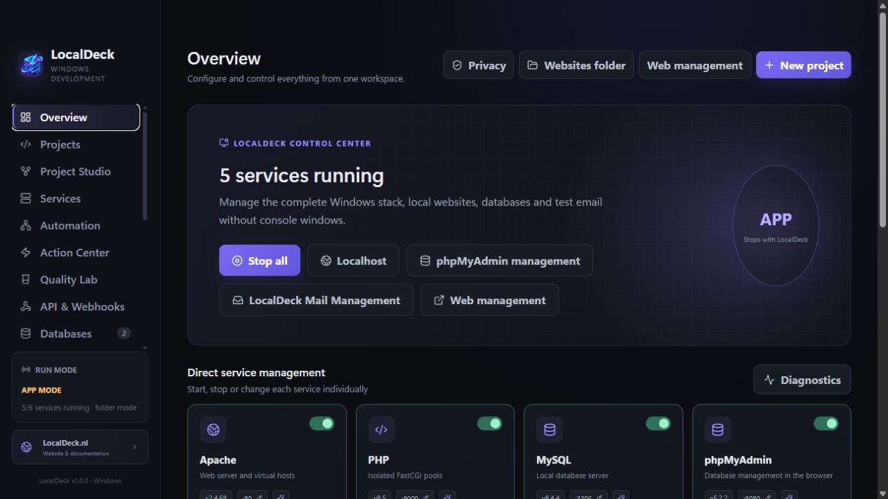 LocalDeck dashboard with active services