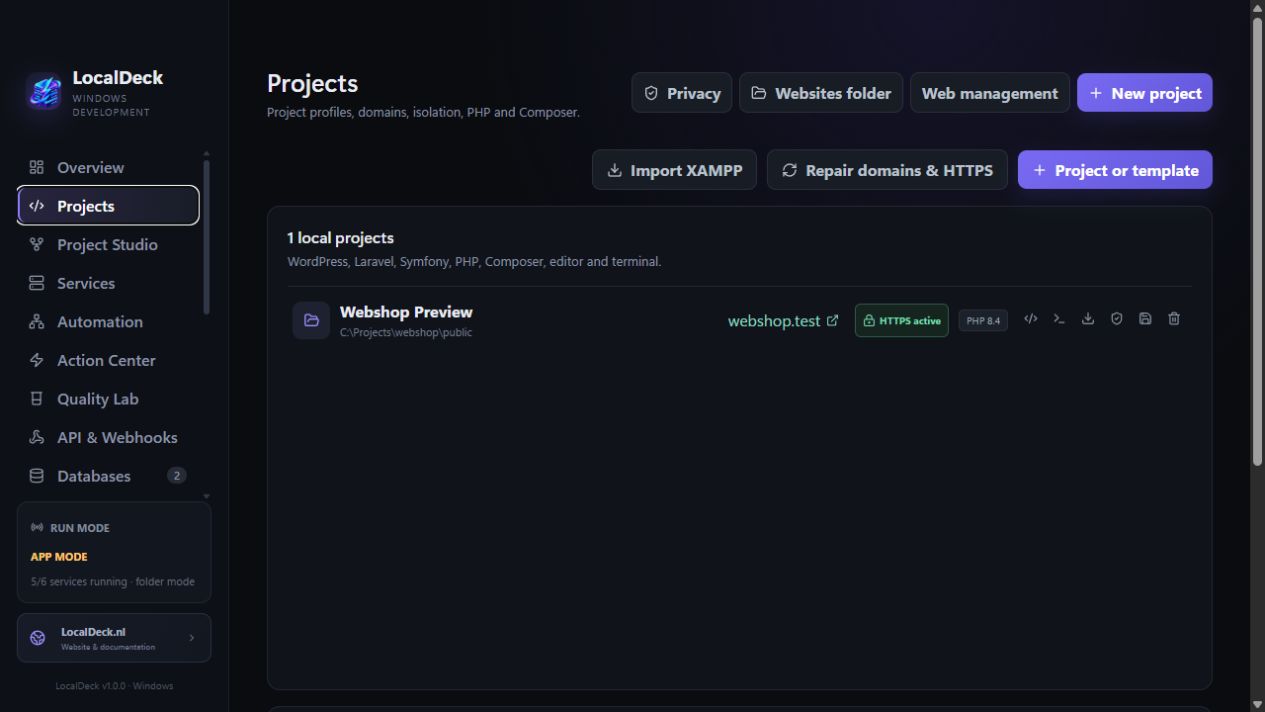 The real LocalDeck project overview with project domain and active HTTPS